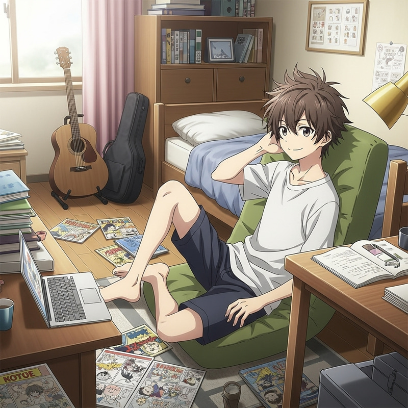 Anime Boy in Comfy Outfit at Home | Teenage Character Art
