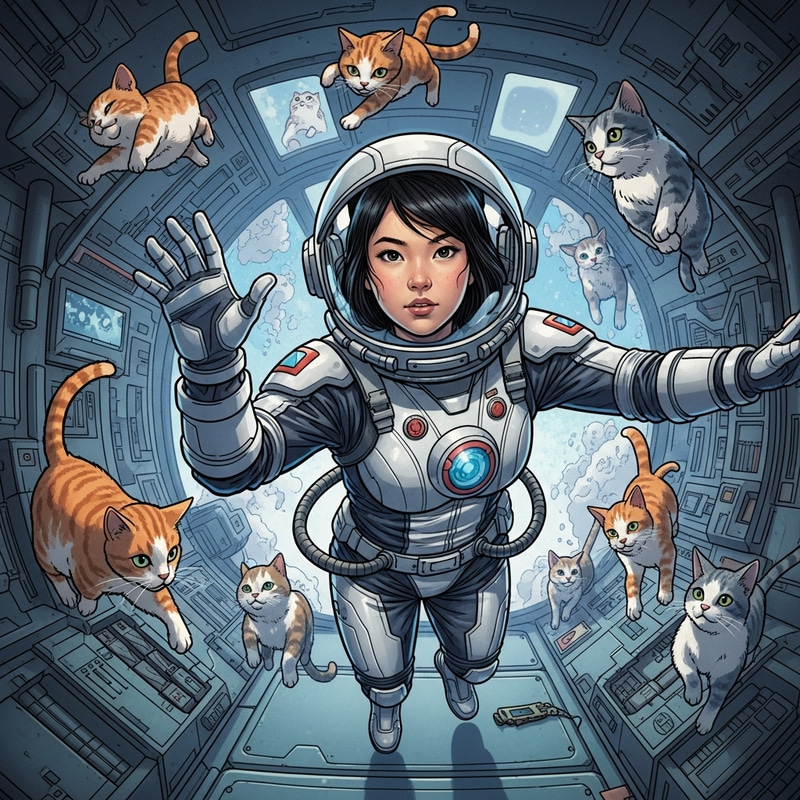 Young Girl in Futuristic Spaceship Surrounded by Floating Cats