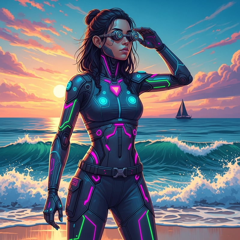 Colorful Cybernetic Girl at Beach | Vibrant AI Scene