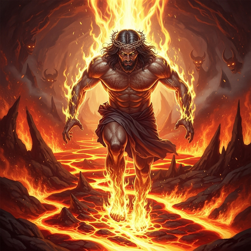 Jesus Entering Hell with Battle Countenance and Powerful Aura to Defeat Satan Jesus Entering Hell with Battle Countenance and Powerful Aura to Defeat Satan