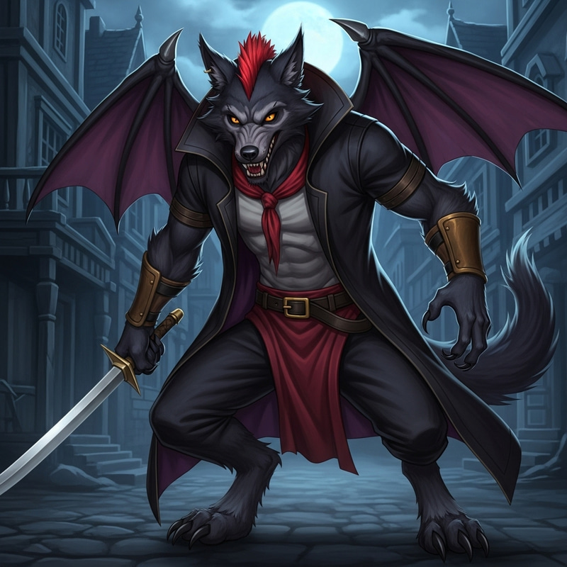 Black Fur Wolfman Thief with Red Mullet - Mysterious Character Black Fur Wolfman Thief with Red Mullet - Mysterious Character