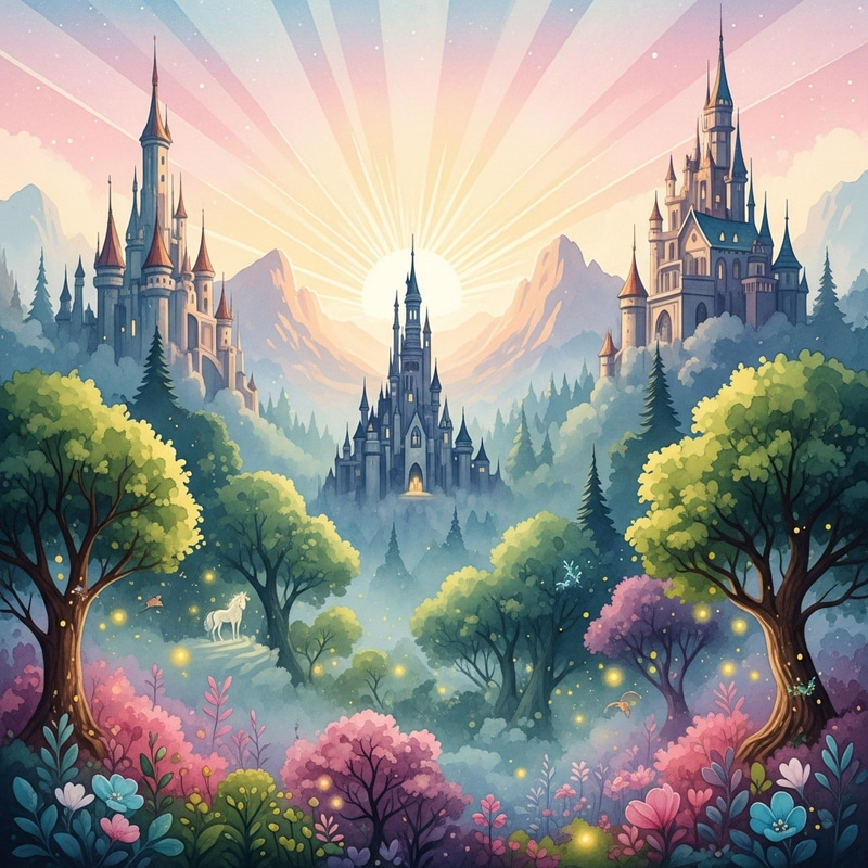 Enchanting Watercolor Magic Kingdom Landscape