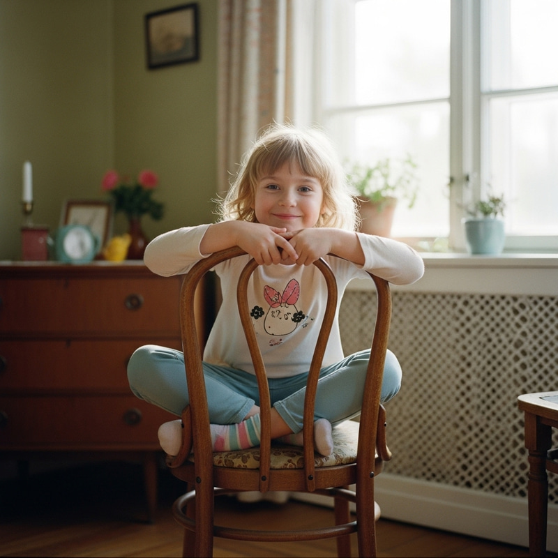 Blonde Girl with Playful Expression on Vintage Chair | Dreamy Retro Scene