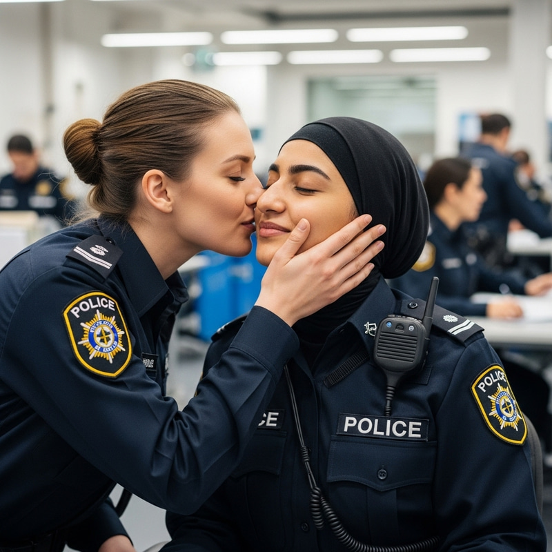 Heartfelt Moment: Female Police Officers Sharing a Kiss
