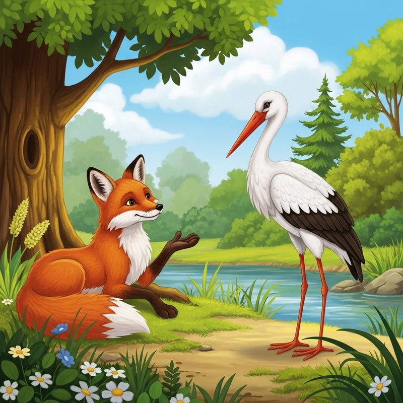 Fox and Stork Fable in Picturesque Forest Fox and Stork Fable in Picturesque Forest