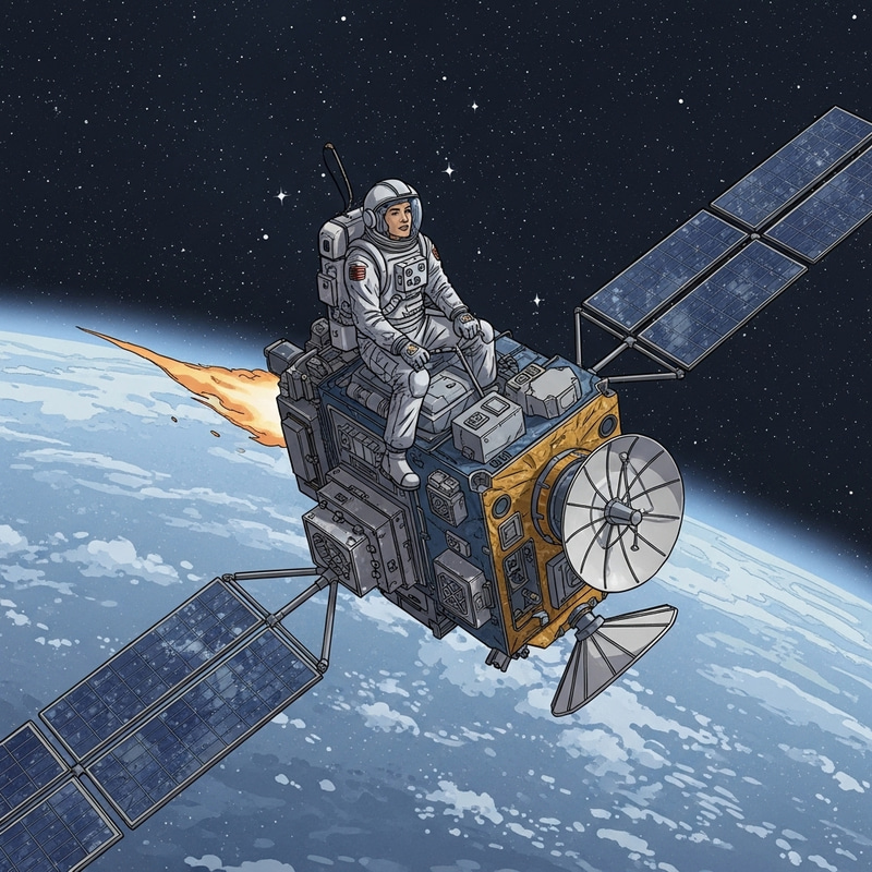 Comic Style Researcher Orbiting on Satellite in Vast Space Comic Style Researcher Orbiting on Satellite in Vast Space