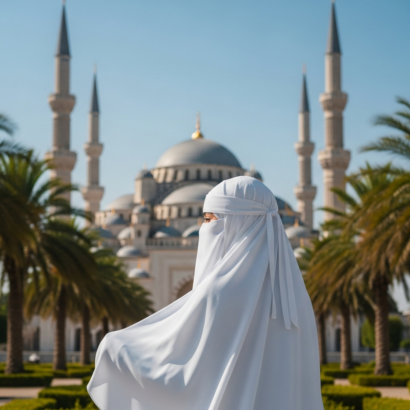 Muslim Girl in White Niqab at Mosque with Palm Trees Muslim Girl in White Niqab at Mosque with Palm Trees