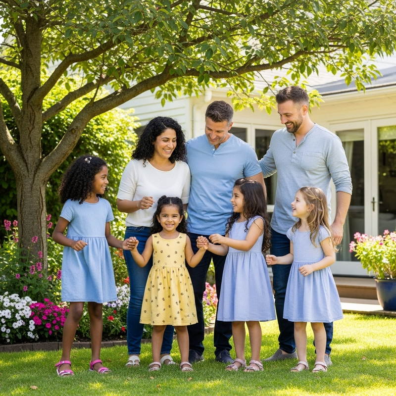 Happy Family of Parents and 4 Daughters Enjoying Backyard Play Happy Family of Parents and 4 Daughters Enjoying Backyard Play