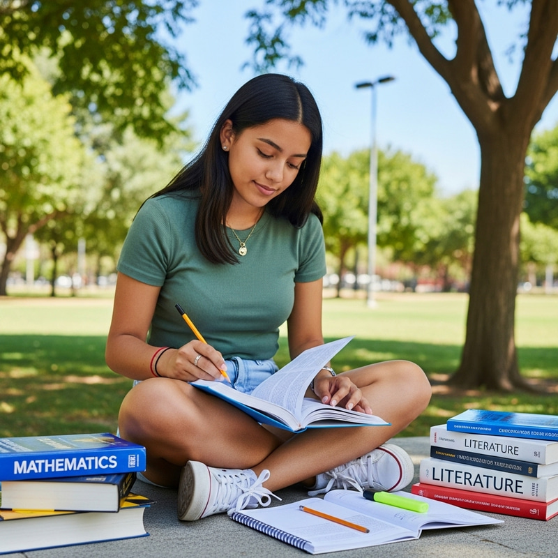 Happy Hispanic Female Student Studying Outdoors | Joyful Learner Happy Hispanic Female Student Studying Outdoors | Joyful Learner