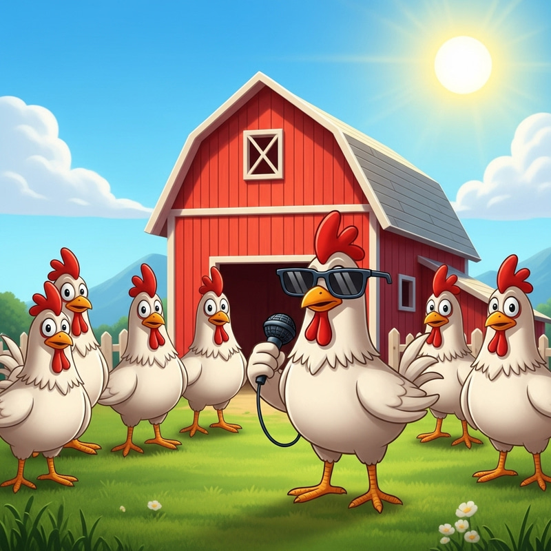 Funny Chickens with Sunglasses Outside Red Barn | Sunny Day Cartoon