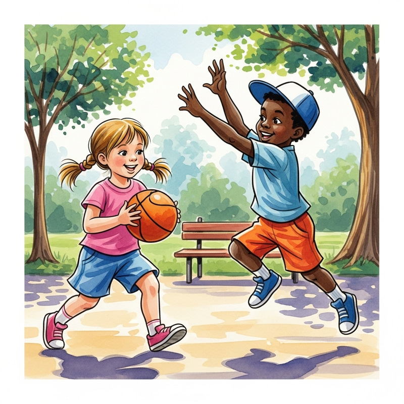 Vibrant Kids Playing Basketball in Sunny Park Watercolor Art