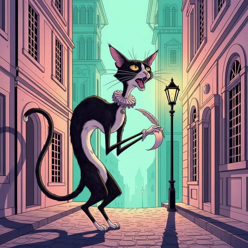 Artistic Tim Burton Style Cat Dictating Sonnet in Pastel Tones