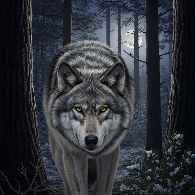 Majestic Wolf in Pine Forest | Nocturnal Wildlife Scene
