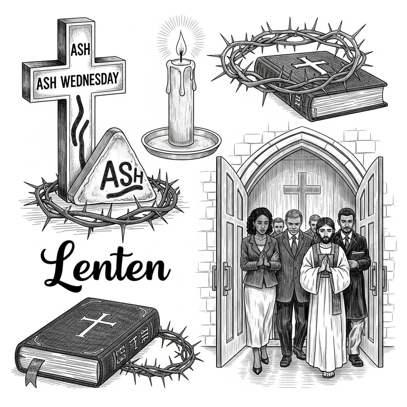 Lenten Season Sketch | Symbolism of Ash Cross, Candle, Thorns, Bible Lenten Season Sketch | Symbolism of Ash Cross, Candle, Thorns, Bible