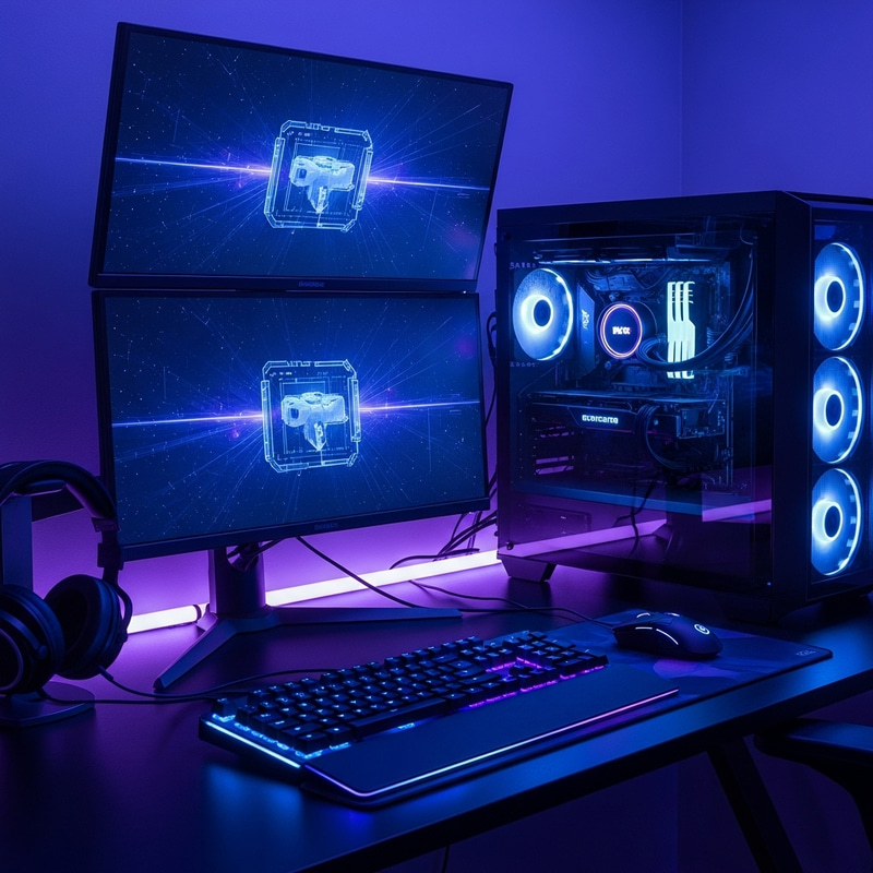 Stylish Gaming Setup with Blue and Purple Neon Lights Stylish Gaming Setup with Blue and Purple Neon Lights
