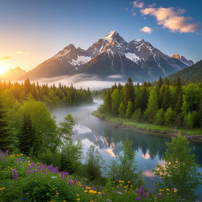 Serenity in Nature: Mountain, River, Forest Serenity in Nature: Mountain, River, Forest