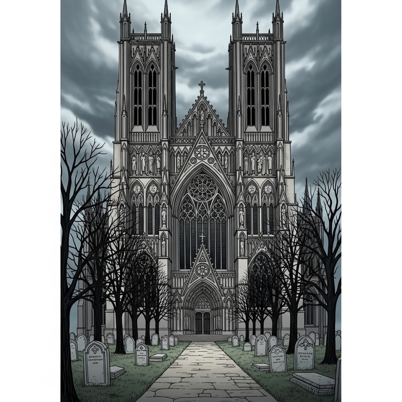 Gothic Theme: Eerie Cathedral Illustration in Monochrome Shades Gothic Theme: Eerie Cathedral Illustration in Monochrome Shades