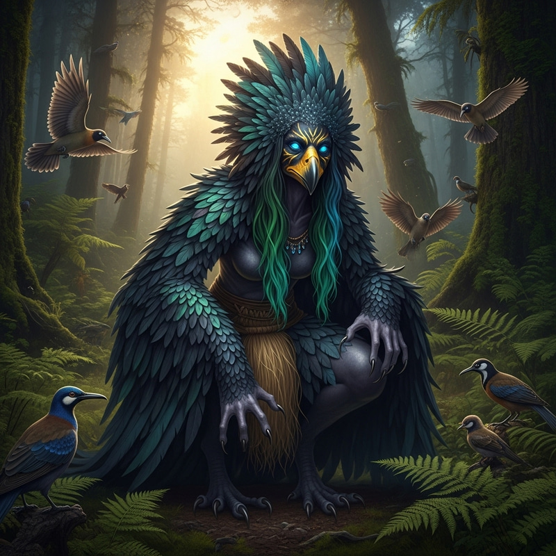 Ethereal Bird-Witch with Opal Eyes in New Zealand Fern Forest