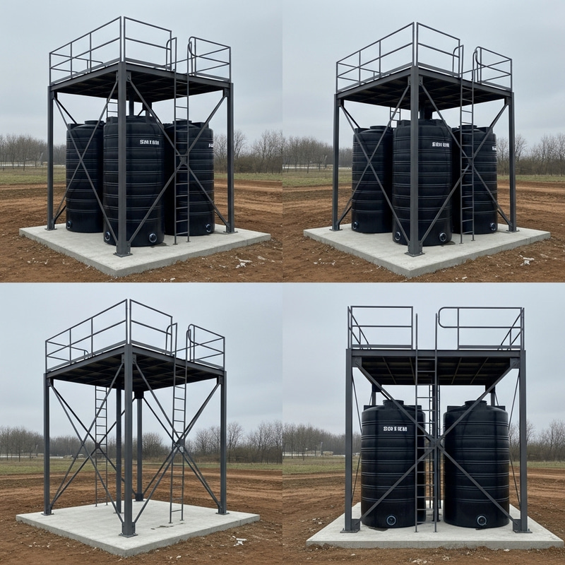 Steel Structure Design for Supporting Three Water Tanks | Top & Side Views Steel Structure Design for Supporting Three Water Tanks | Top & Side Views
