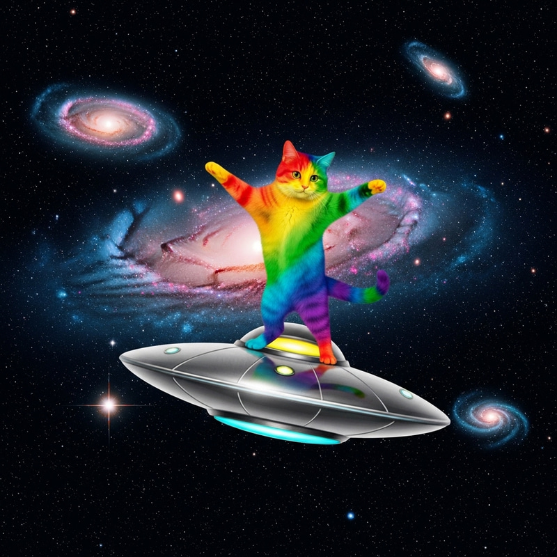 Rainbow Cat Dancing on Flying Saucer in Space Rainbow Cat Dancing on Flying Saucer in Space
