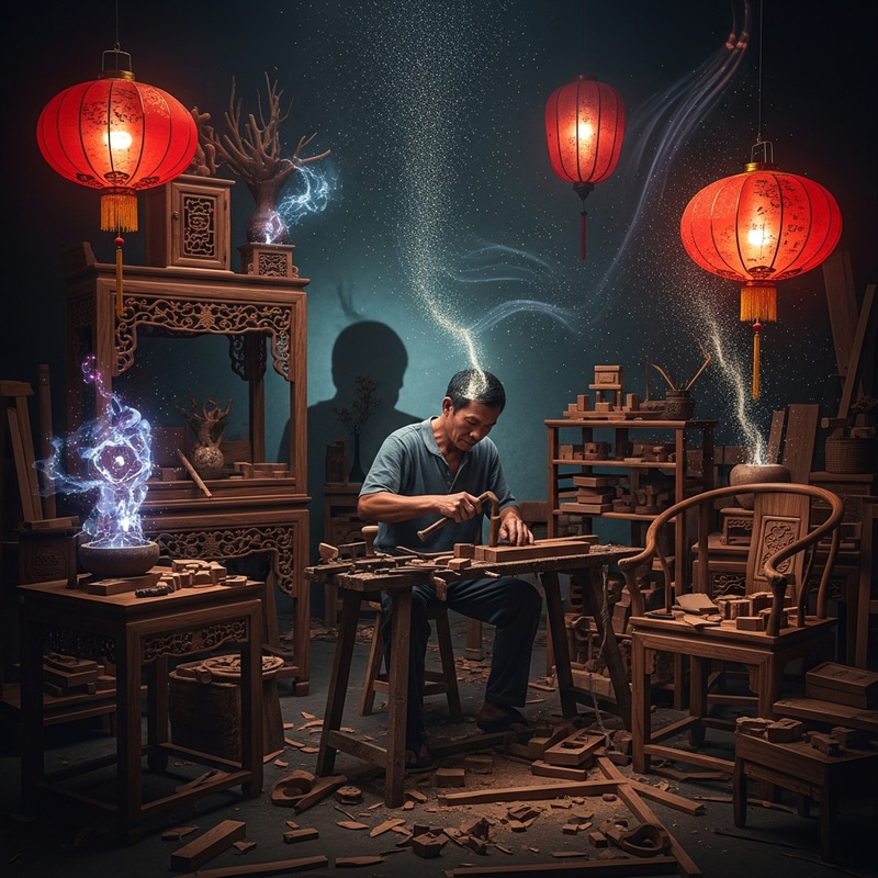 Chinese Carpenter in Enchanted Woodworking Scene