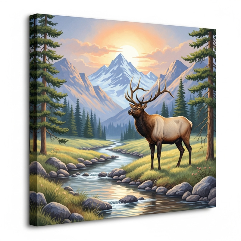 Powerful Bull Elk in Mountain Landscape with Stream and Pine Trees Powerful Bull Elk in Mountain Landscape with Stream and Pine Trees