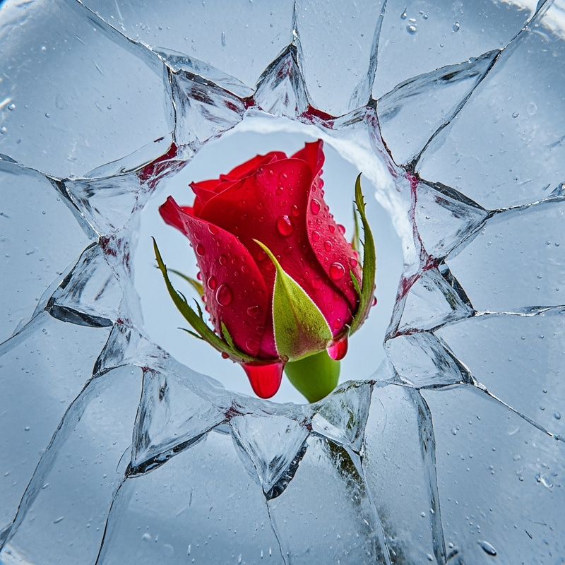 Dramatic Red Rose Blossoming from Cracked Ice Cube