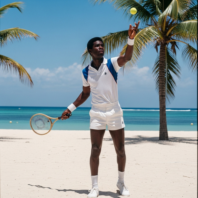 Vintage Tennis Player in Haiti 1980 Serving on Sun-Bathed Beach
