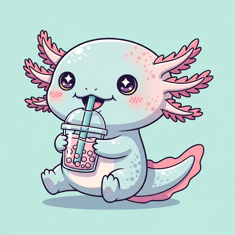 Kawaii Axolotl Sipping Bubble Tea Joyfully Kawaii Axolotl Sipping Bubble Tea Joyfully