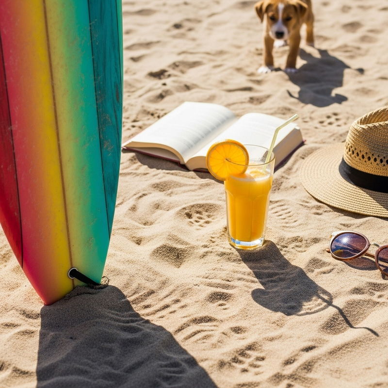 Colorful Surfboard & Playful Puppy - Beach Day Scene