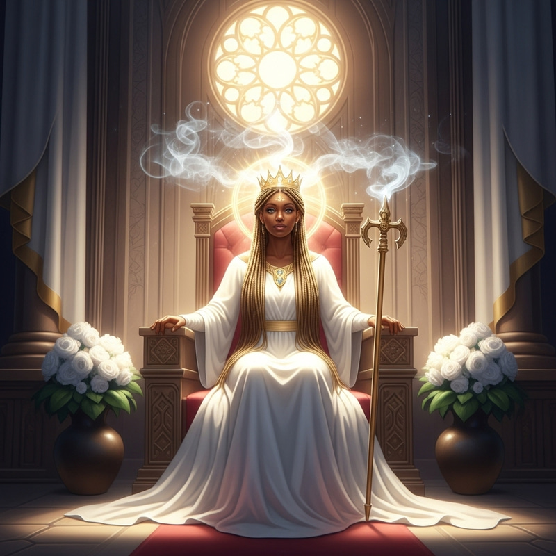 Radiant Black Woman in White Elie Saab Gown in Divine Throne Room
