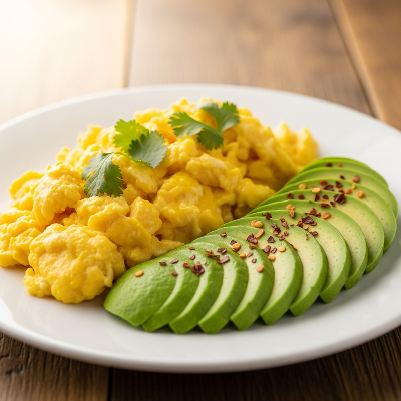 Scramble with Avocado Recipe | Side View in White Plate Scramble with Avocado Recipe | Side View in White Plate