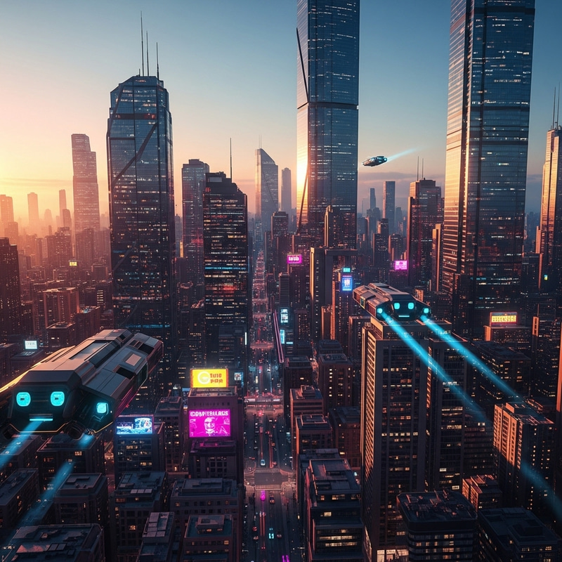 Neon Cyberpunk Cityscape - Aerial Drone at Sunset Neon Cyberpunk Cityscape - Aerial Drone at Sunset