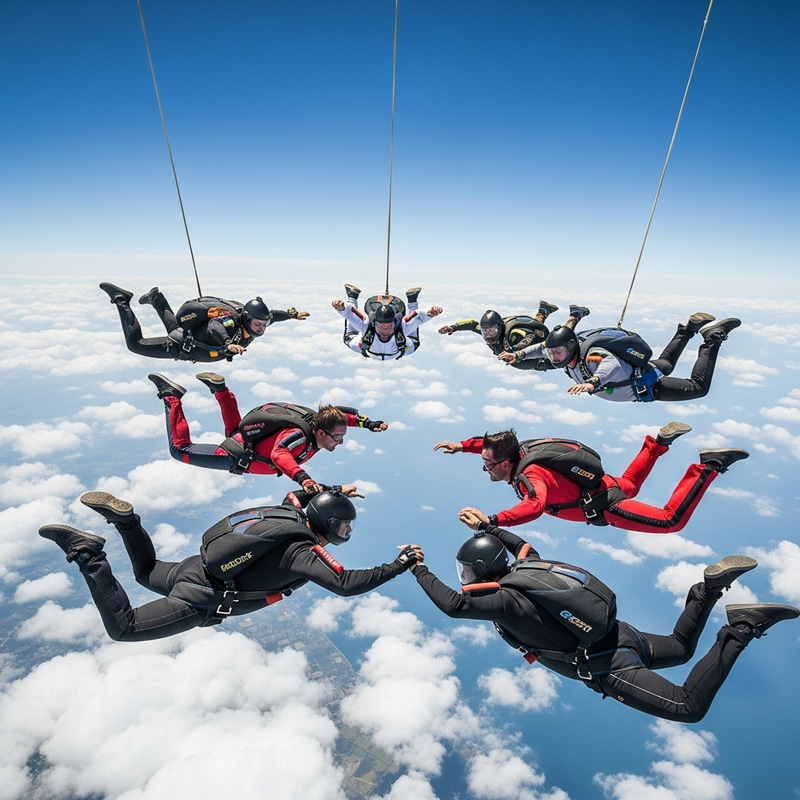 Diverse Skydiving Team Soaring in Blue Sky Diverse Skydiving Team Soaring in Blue Sky