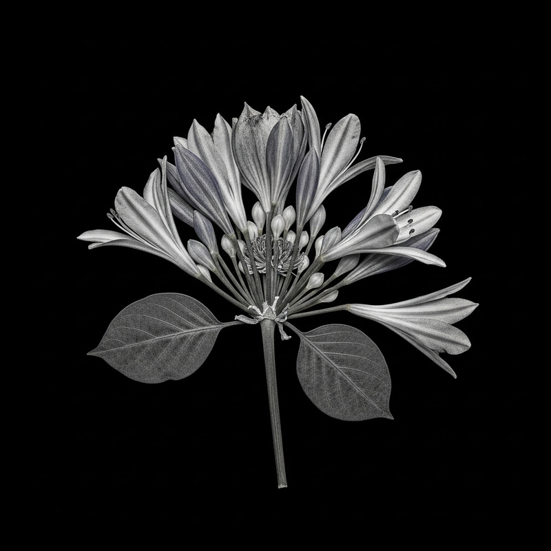 Monochrome Pressed Flower Photo - Dogwood, Eucalyptus, Agapanthus Chimera Monochrome Pressed Flower Photo - Dogwood, Eucalyptus, Agapanthus Chimera