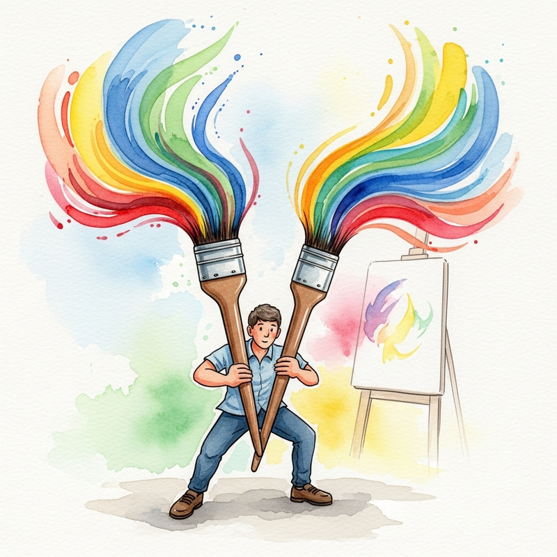 Colorful Watercolor Painting of Person with Brush Hands Colorful Watercolor Painting of Person with Brush Hands