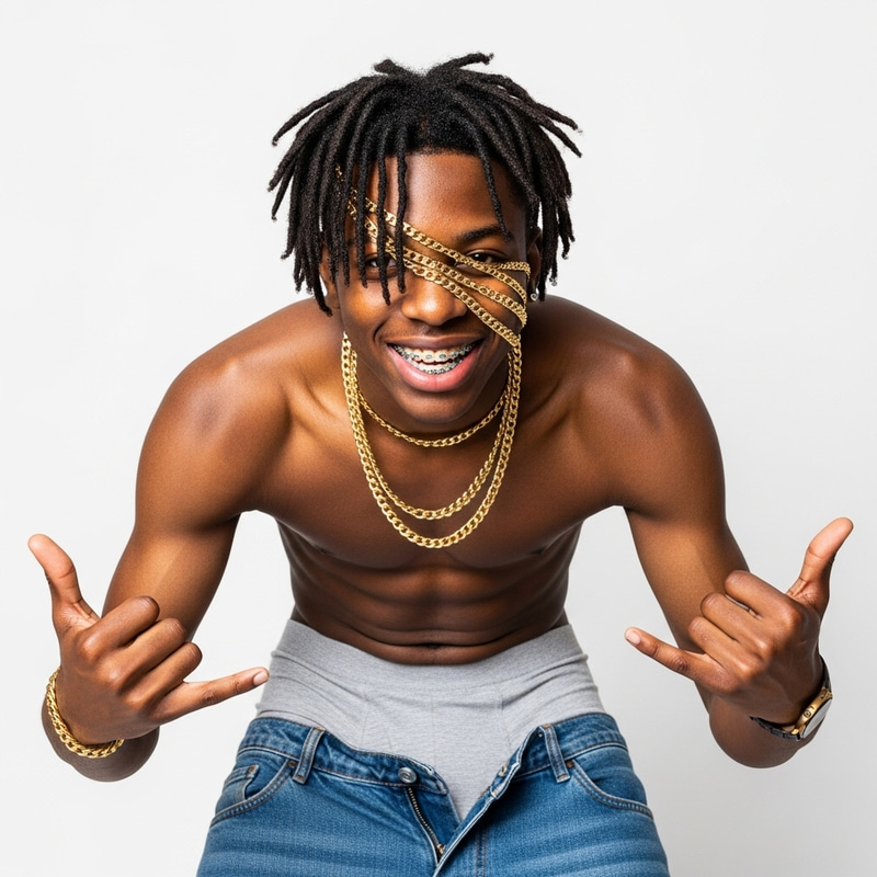 Happy Black Teen with Braces, Gold Chains, and Muscular Style
