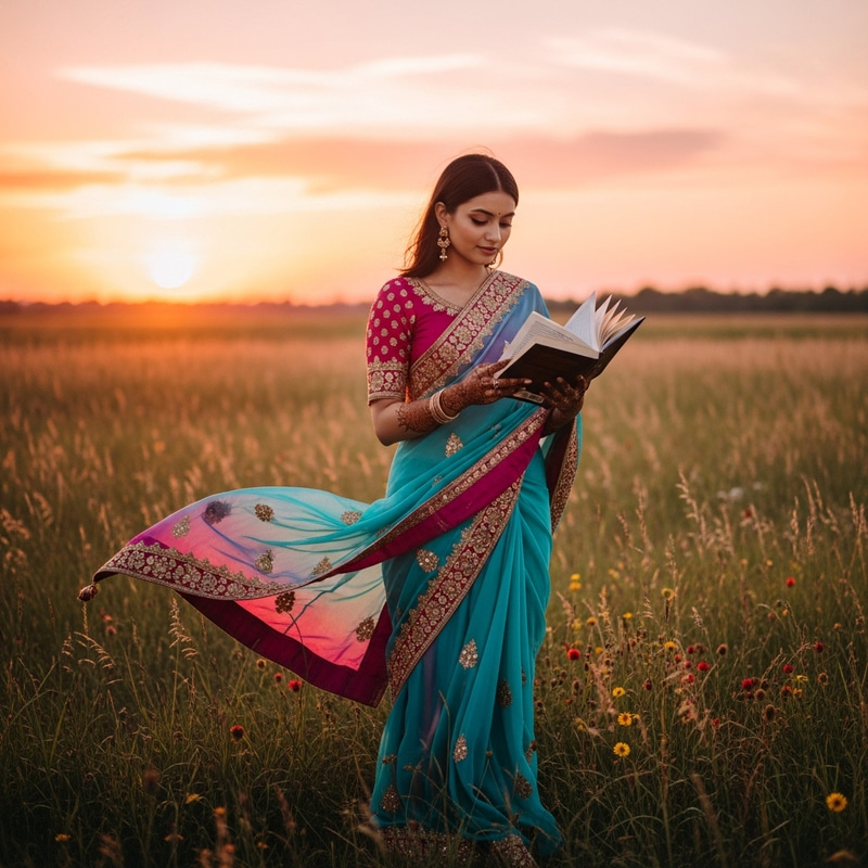 Beautiful Asian Girl in Traditional Attire | Scenic Sunset Shot