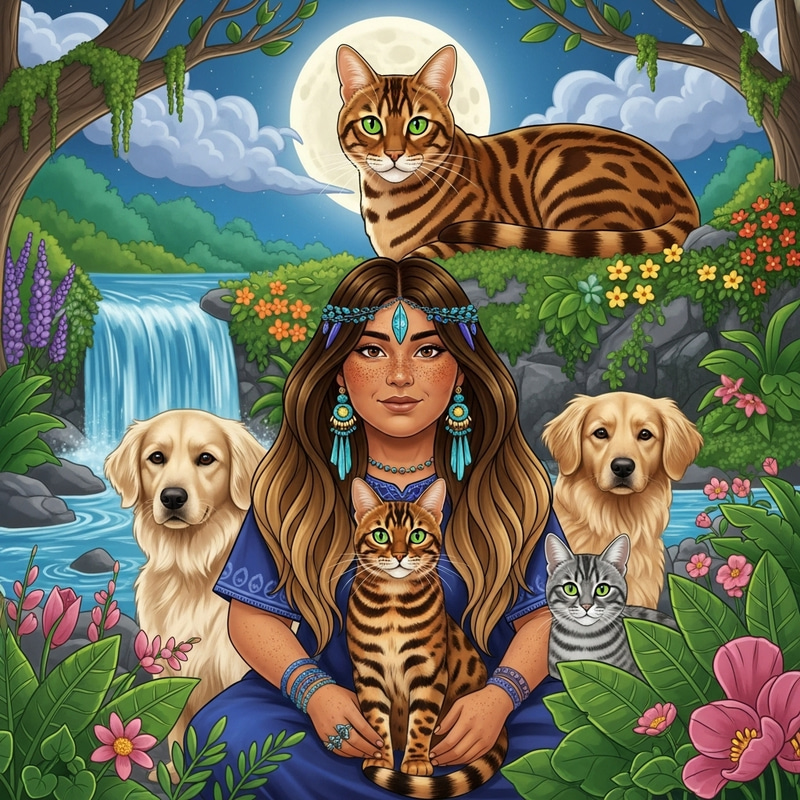 Mystical Connection: Bengal Cat and Shaman Woman Under Full Moon Mystical Connection: Bengal Cat and Shaman Woman Under Full Moon