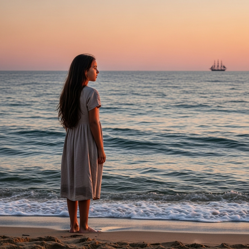 Ethereal Sunset Scene: Hispanic Girl Waiting for Sailor by the Seashore Ethereal Sunset Scene: Hispanic Girl Waiting for Sailor by the Seashore