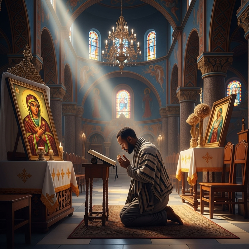 Ethiopian Man Praying with Holy Virgin Mary Image in Orthodox Church