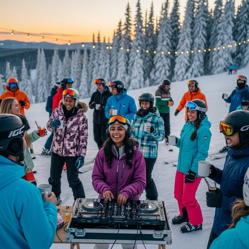 Atmospheric Après-Ski Party with Diverse Skiers and South Asian DJ Atmospheric Après-Ski Party with Diverse Skiers and South Asian DJ