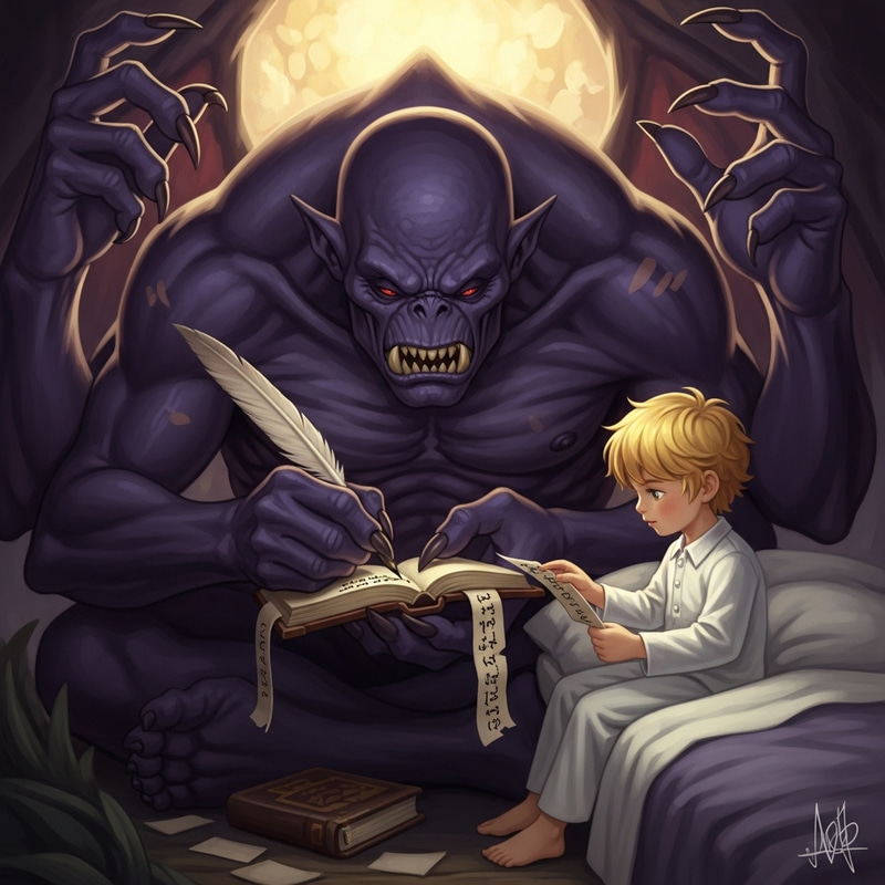 Dark Fantasy Illustration: Enormous Quad-Armed Monster Writing in Book Dark Fantasy Illustration: Enormous Quad-Armed Monster Writing in Book