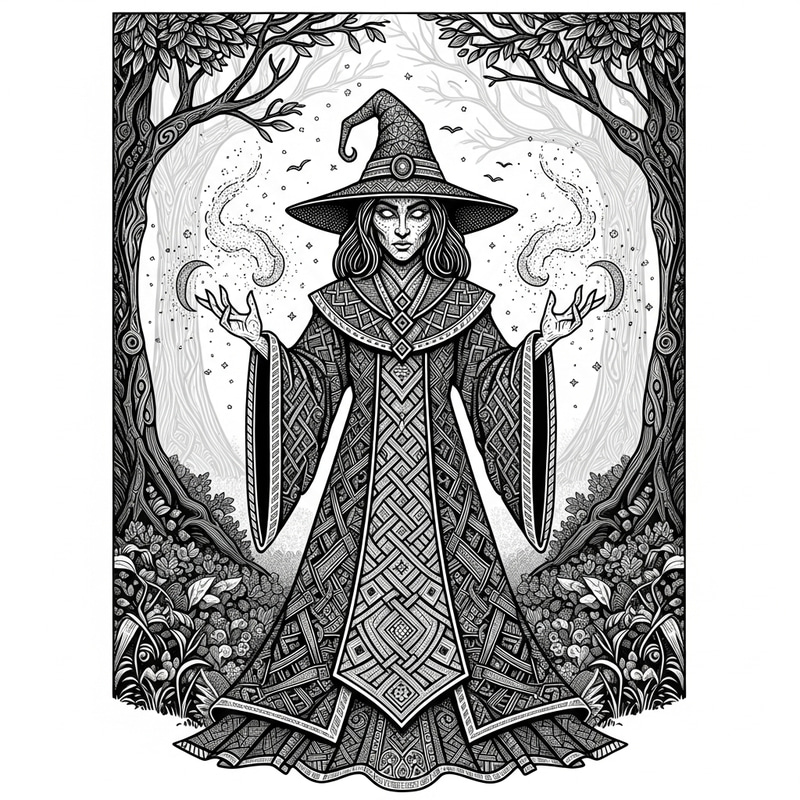 Enchanted Blackwork Witch in Mystical Forest Enchanted Blackwork Witch in Mystical Forest