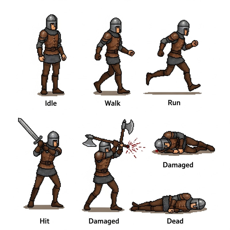 Pixel-Art Slim Medieval Warrior Character Poses Pixel-Art Slim Medieval Warrior Character Poses