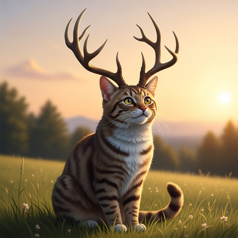 Majestic Cat with Deer-Like Antlers in Meadow Majestic Cat with Deer-Like Antlers in Meadow