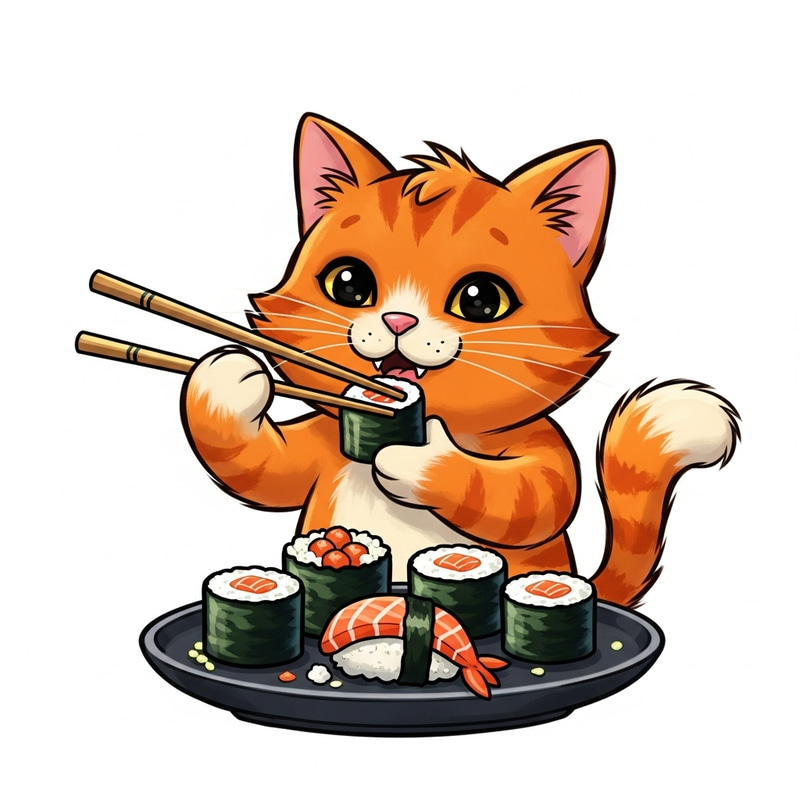 Playful Orange Cat Eating Sushi - Vibrant Children's Book Illustration Playful Orange Cat Eating Sushi - Vibrant Children's Book Illustration