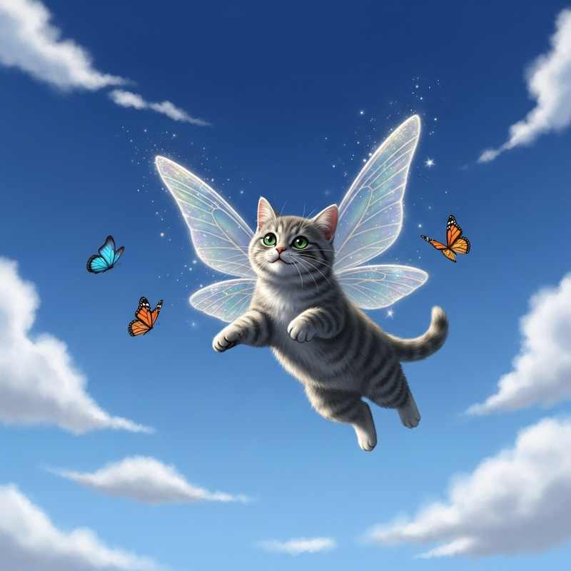 Magical Flying Cat with Fairy Wings in Blue Sky Magical Flying Cat with Fairy Wings in Blue Sky
