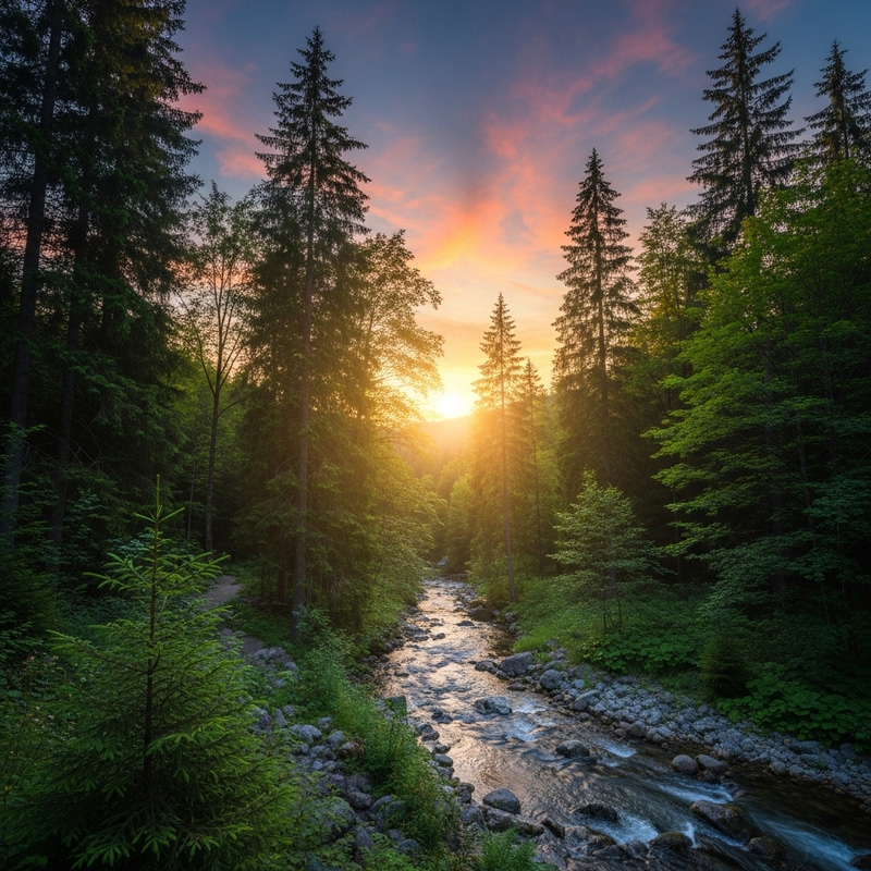 Tranquil Sunset Forest Scene: Dreamy Beauty of Nature Tranquil Sunset Forest Scene: Dreamy Beauty of Nature