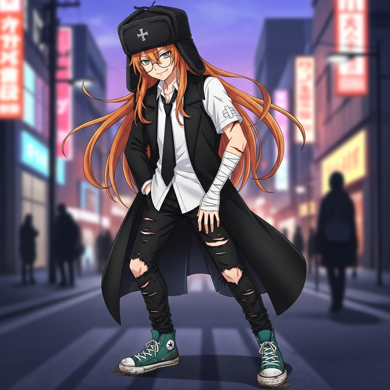 Anime Boy with Long Orange Hair, Ushanka Hat, and Turquoise Converse Sneakers Anime Boy with Long Orange Hair, Ushanka Hat, and Turquoise Converse Sneakers